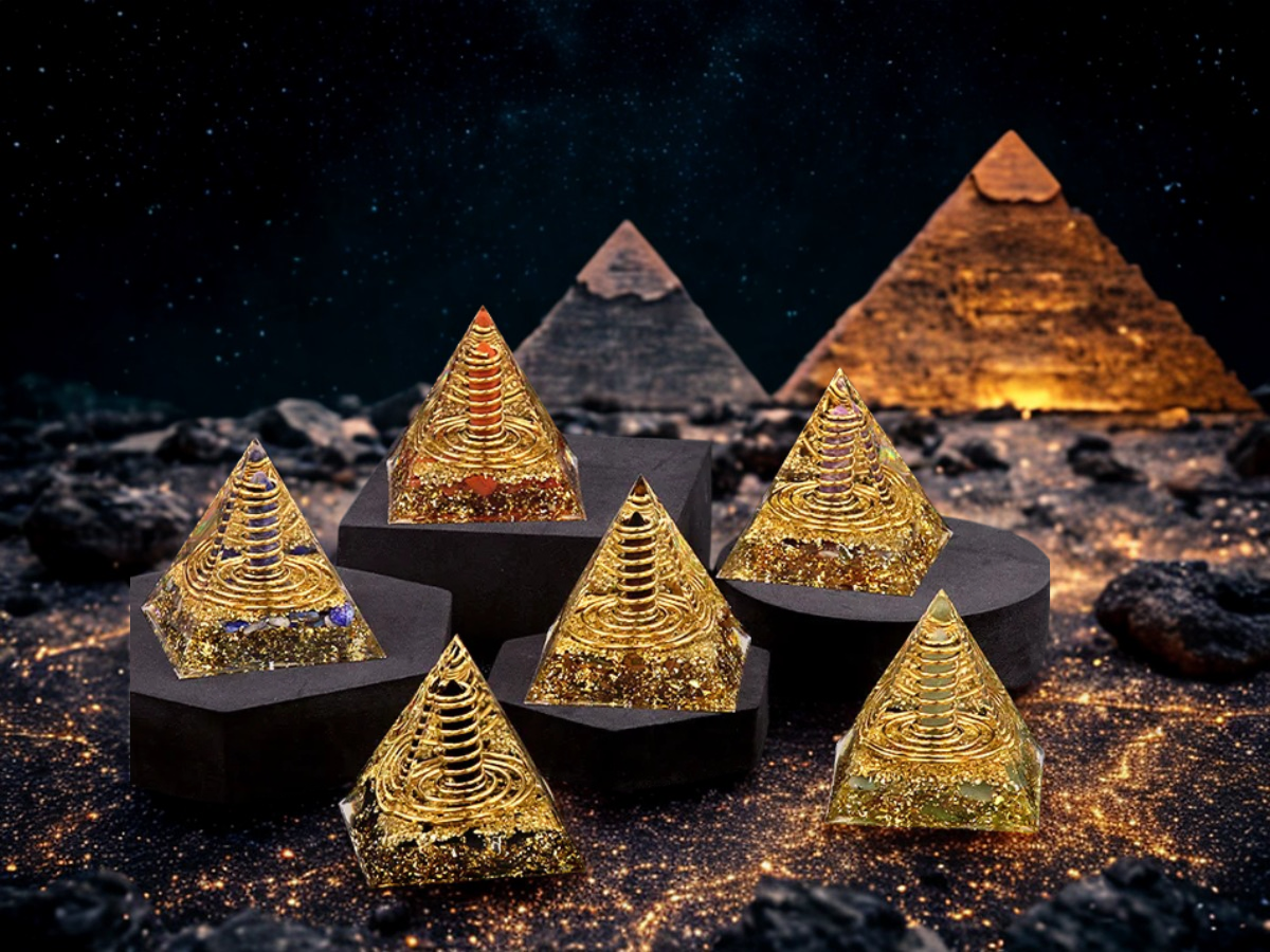 Amethyst & Gold Sandstone Healing Pyramid - Chakra Energy Decor